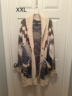 Ariat Western Patterned Cardigan Duster - Cream/Blue/Brown - XXL